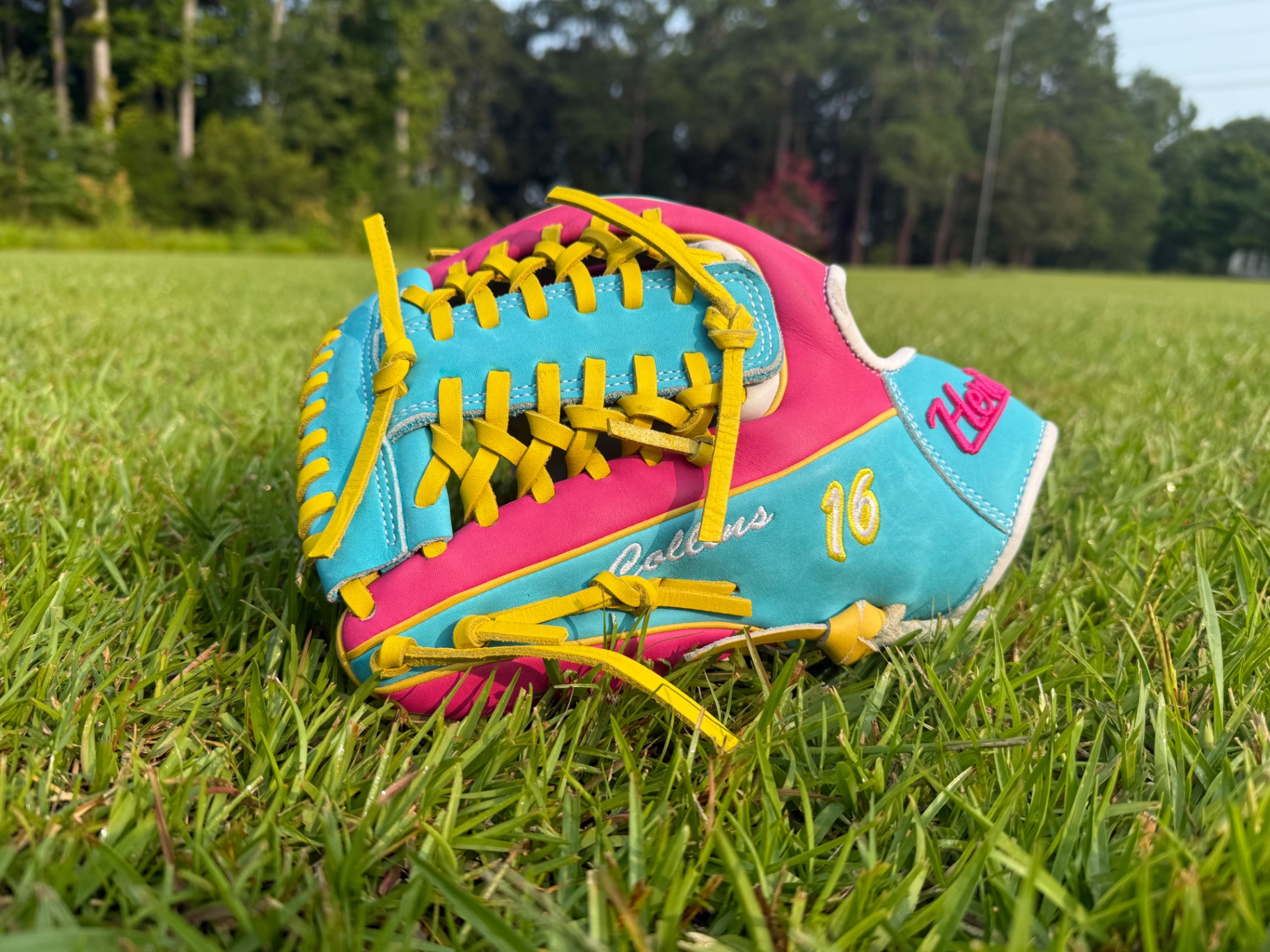 Custom teal and pink Heritage glove with yellow lacing — 'Collins 16'