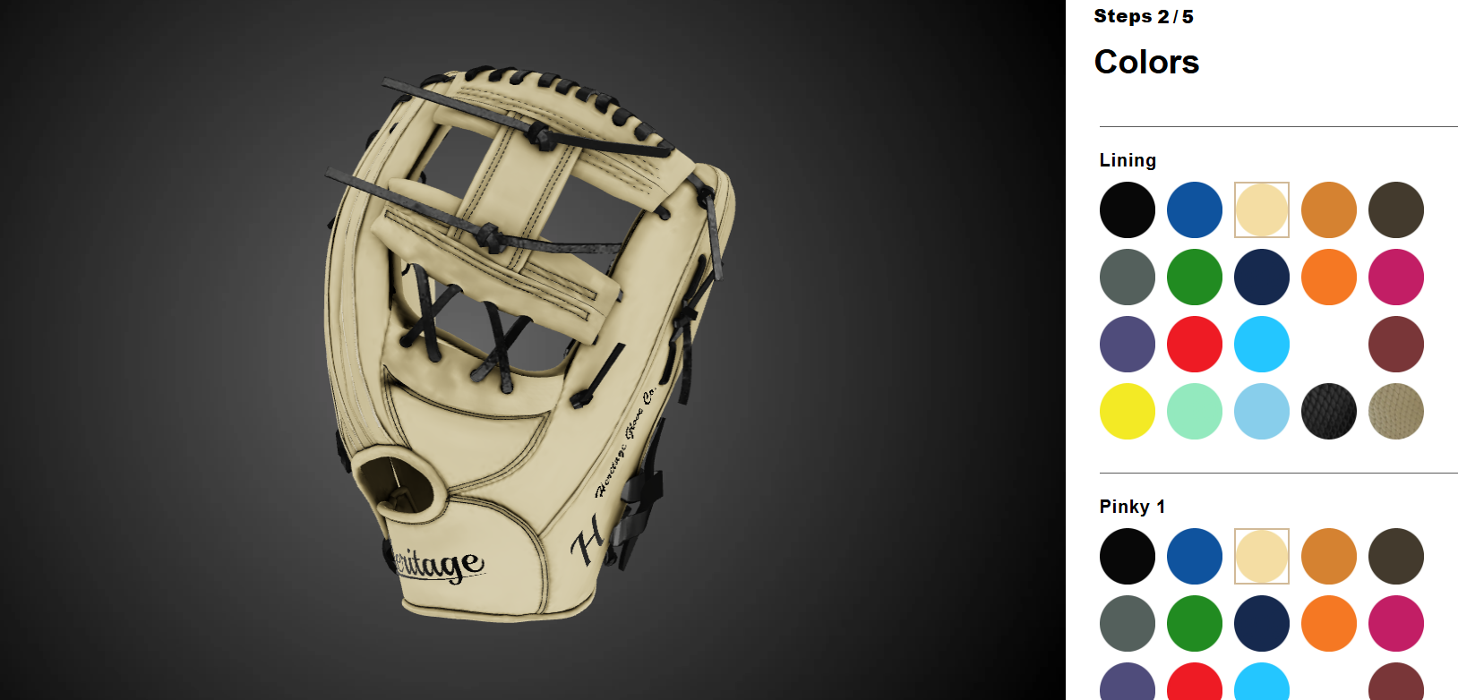 Heritage 3D glove designer preview showing color customization