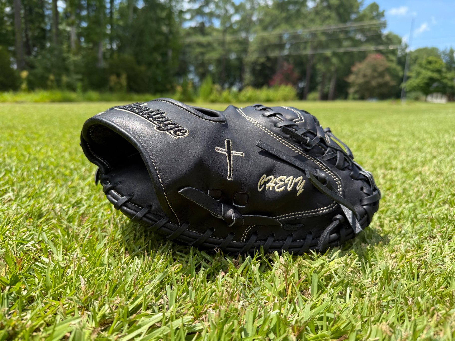 Black Heritage catcher's mitt with cross and 'Chevy' personalization
