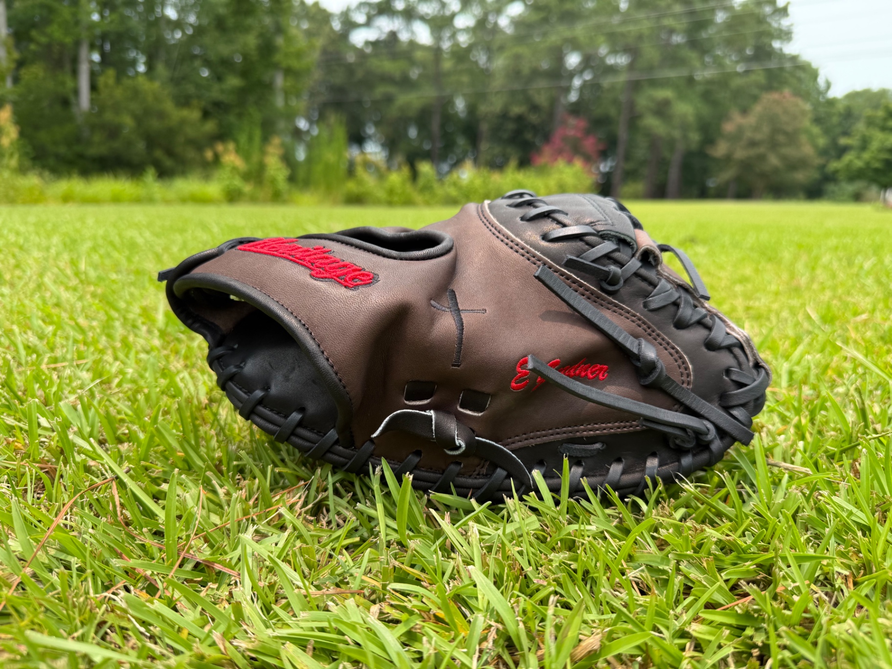 Brown Heritage catcher's mitt with red script embroidery